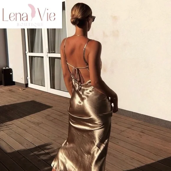 Lena Vie Champagne Addie May Slip Dress Hammered Soft Satin Long Gold Maxi Gown - Picture 4 of 12